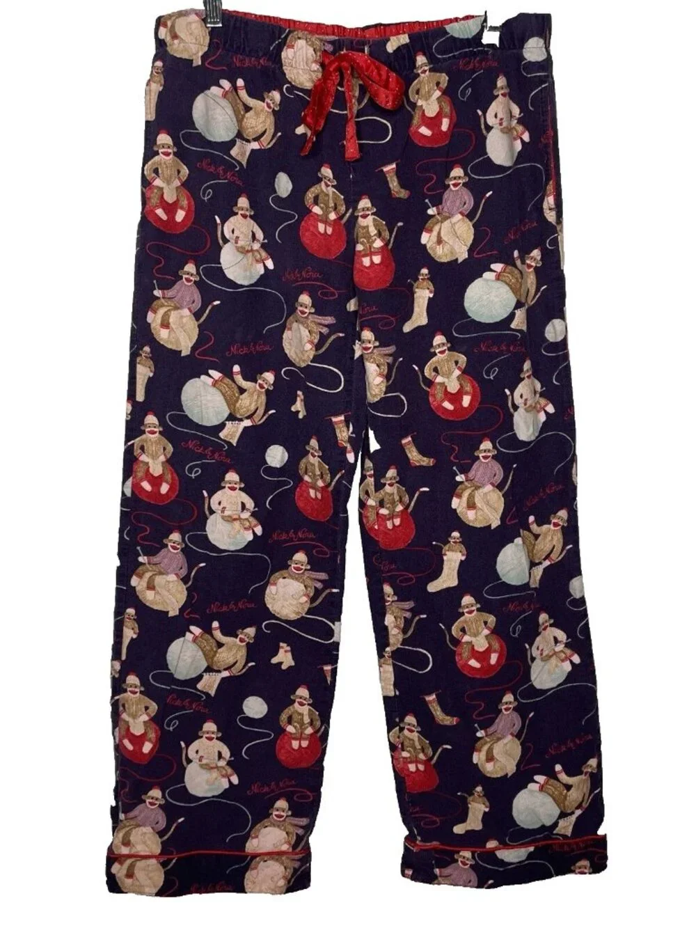 Nick & Nora Purple Flannel Pajama Lounge Pants Size S Sock Monkeys Knitting Yarn